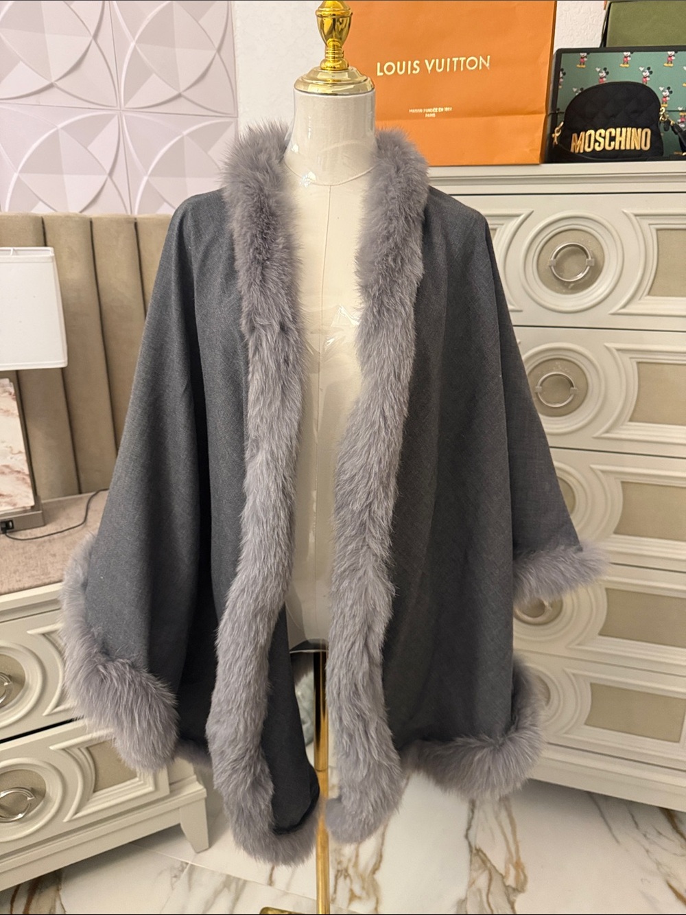 Fox fur trimmed cape